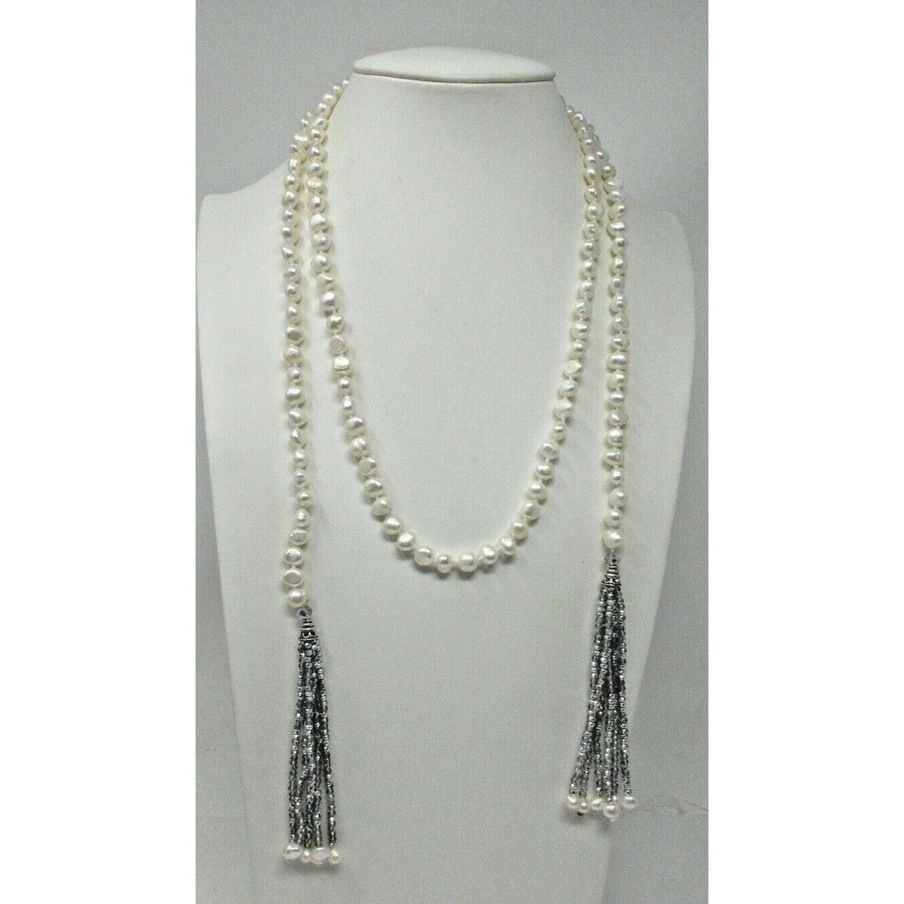 Vantel Pearls Paris Nights Lariat Necklace New Knotted Tassel Ends Beaded